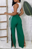 Green Side Striped Casual Outings Wide Leg Pants Relaxed Fit Drawstring Waist High Waist Lounge Trousers