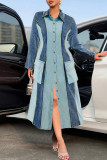 Light Blue Colorblock Lapel Colloar Long Sleeve Casual Office Lady Plus Size Demin Maxi Dress