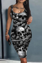Dark Gray Halloween Costume Skull Print Sleeveless U Neck Bodycon Pencil Tank Midi Dress