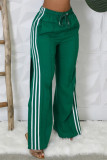 Green Side Striped Casual Outings Wide Leg Pants Relaxed Fit Drawstring Waist High Waist Lounge Trousers