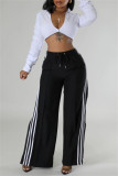 Green Side Striped Casual Outings Wide Leg Pants Relaxed Fit Drawstring Waist High Waist Lounge Trousers