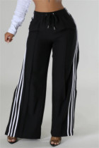 Black Side Striped Casual Outings Wide Leg Pants Relaxed Fit Drawstring Waist High Waist Lounge Trousers