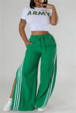 Green Side Striped Casual Outings Wide Leg Pants Relaxed Fit Drawstring Waist High Waist Lounge Trousers
