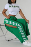 Green Side Striped Casual Outings Wide Leg Pants Relaxed Fit Drawstring Waist High Waist Lounge Trousers