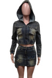 Blue Street Pocket Patchwork Zipper Zipper Collar Long Sleeve Two Pieces