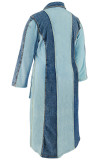 Light Blue Colorblock Lapel Colloar Long Sleeve Casual Office Lady Plus Size Demin Maxi Dress
