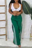 Green Side Striped Casual Outings Wide Leg Pants Relaxed Fit Drawstring Waist High Waist Lounge Trousers