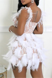 Apricot Sleeveless Pearls Decor Feather Mini Dress Glamorous Sweetheart Bodycon Party Outfit