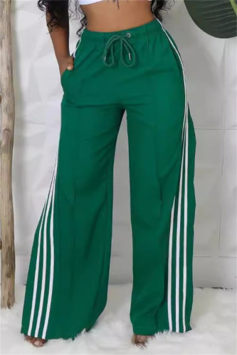Green Side Striped Casual Outings Wide Leg Pants Relaxed Fit Drawstring Waist High Waist Lounge Trousers