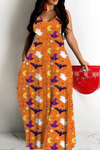 Orange Halloween Costume Pumpkin Bat Print Sleeveless U Neck Straight Loose Casual Maxi Slip Dress
