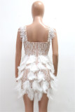 Apricot Sleeveless Pearls Decor Feather Mini Dress Glamorous Sweetheart Bodycon Party Outfit