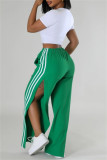 Green Side Striped Casual Outings Wide Leg Pants Relaxed Fit Drawstring Waist High Waist Lounge Trousers