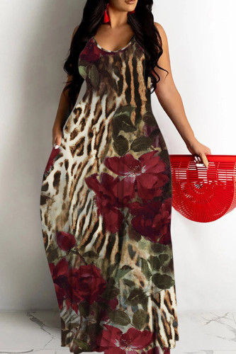 Burgundy Floral Print Sleeveless U Neck Straight Loose Casual Maxi Slip Dress
