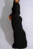Black Elegant Solid Color Hollow Out Patchwork Ruched Deep V Neck Long Dresses