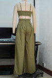 Green Casual Solid Color Patchwork Backless Ruched Strap Design Spaghetti Strap Sleeveless Two Pieces