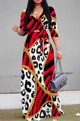 Red Casual Street Leopard Print Zebra Print Chain print Lace Up Contrast V Neck Printed Dresses