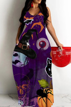 Purple Halloween Costume Pumpkin Bat Print Sleeveless U Neck Straight Loose Casual Maxi Slip Dress