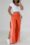 Green Side Striped Casual Outings Wide Leg Pants Relaxed Fit Drawstring Waist High Waist Lounge Trousers
