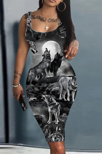 Grey Halloween Costume Skull Print Sleeveless U Neck Bodycon Pencil Tank Midi Dress