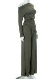 Apricot Off-Shoulder Long Sleeve Draped Ruched Top and Wide Leg Pants Casual Wear Relaxed Fit Two Piece Set