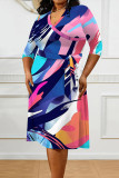Beige Floral Stripe Print Deep V Neck 3/4 Sleeve Lace Up Belt Long Plus Size Casual Fall Midi Dress