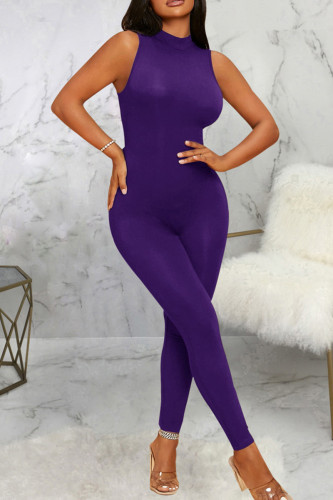 Purple Casual Solid Color Patchwork O Neck Skinny Jumpsuits