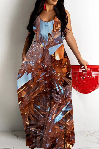 Brown Sexy Casual Print Backless Spaghetti Strap Long Dresses