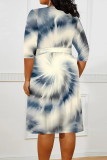 Beige Floral Stripe Print Deep V Neck 3/4 Sleeve Lace Up Belt Long Plus Size Casual Fall Midi Dress