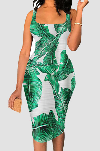 Green Sexy Print Patchwork Square Neck Wrapped Skirt Dresses