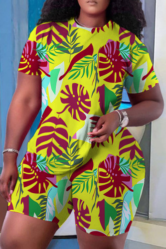 Light Yellow Casual Print Basic O Neck Short Sleeve Two Pieces