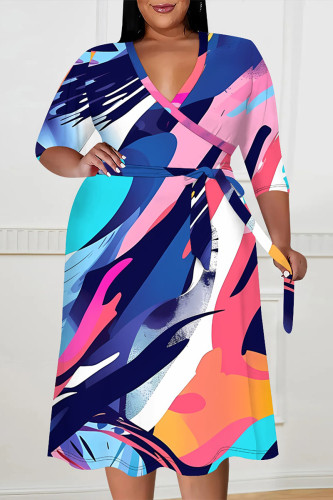 Multicolor Floral Stripe Print Deep V Neck 3/4 Sleeve Lace Up Belt Long Plus Size Casual Fall Midi Dress