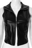 Black Sleeveless Zipper Collar Leather Crop Vest Tops