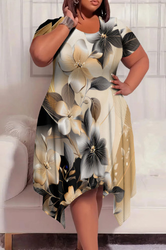 Light Orange Colorblock Graphcis Print Crewneck Short Sleeve Irregular Hem Plus Size Midi T Shirt Dress