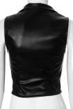 Black Sleeveless Zipper Collar Leather Crop Vest Tops