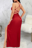 Black Elegant Solid Color Patchwork Backless High Slit Spaghetti Strap Sling Dresses