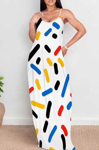 Yellow And Blue Graphics Print Sleeveless Spaghetti Strap Straight Loose Casual Vacation Maxi Slip Dress