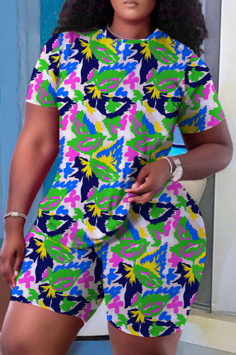Turquoise Casual Print Basic O Neck Short Sleeve Two Pieces
