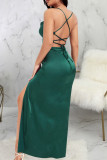 Black Elegant Solid Color Patchwork Backless High Slit Spaghetti Strap Sling Dresses