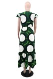 Green Boho Geometric Circle Print Scoop Neck Short Sleeve Vacation Summer Outings Pleated Maxi Swing Dress