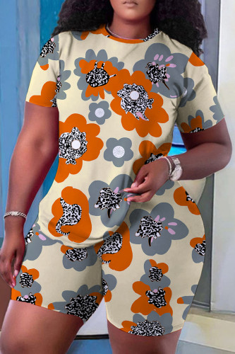 Orange Casual Print Basic O Neck Short Sleeve Two Pieces