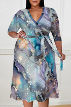 Baby Blue Floral Stripe Print Deep V Neck 3/4 Sleeve Lace Up Belt Long Plus Size Casual Fall Midi Dress