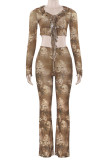 Brown Floral Print Two Piece Skirt Set Casual Outing Vacation Ruffle Cutout Tie-up Long Sleeve Crop Top and Flared Pants