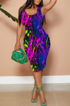Purplish Blue Casual Print Basic U Neck Vest Dresses