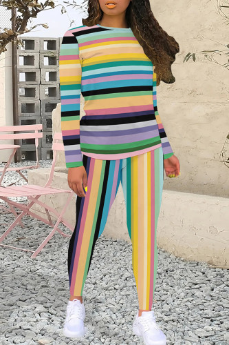 Blue Purple Striped Two Pieces Sweatpants Sets Casual Outings O Neck Long Sleeve T Shirt And Skinny Pants