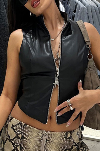 Black Sleeveless Zipper Collar Leather Crop Vest Tops