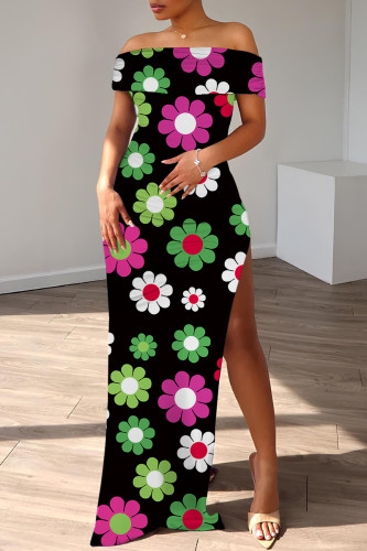 Black Casual Print Slit Off Shoulder Long Dresses