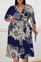 Tibetan Blue Floral Stripe Print Deep V Neck 3/4 Sleeve Lace Up Belt Long Plus Size Casual Fall Midi Dress