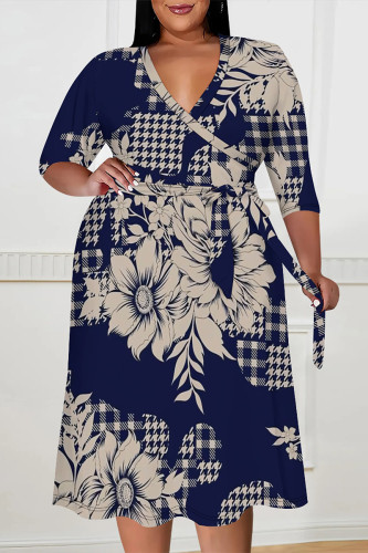 Tibetan Blue Floral Stripe Print Deep V Neck 3/4 Sleeve Lace Up Belt Long Plus Size Casual Fall Midi Dress