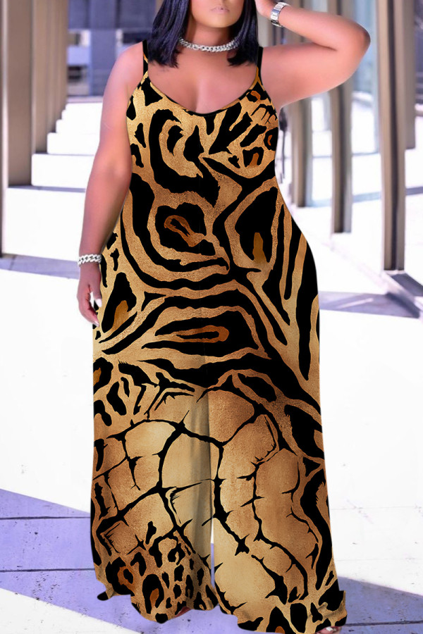 Brown Casual Leopard Print Backless Spaghetti Strap Plus Size Jumpsuits