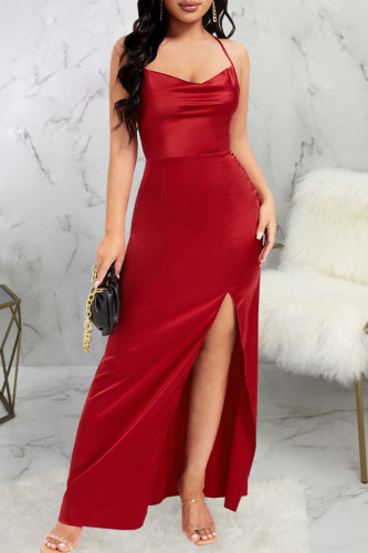Red Elegant Solid Color Patchwork Backless High Slit Spaghetti Strap Sling Dresses